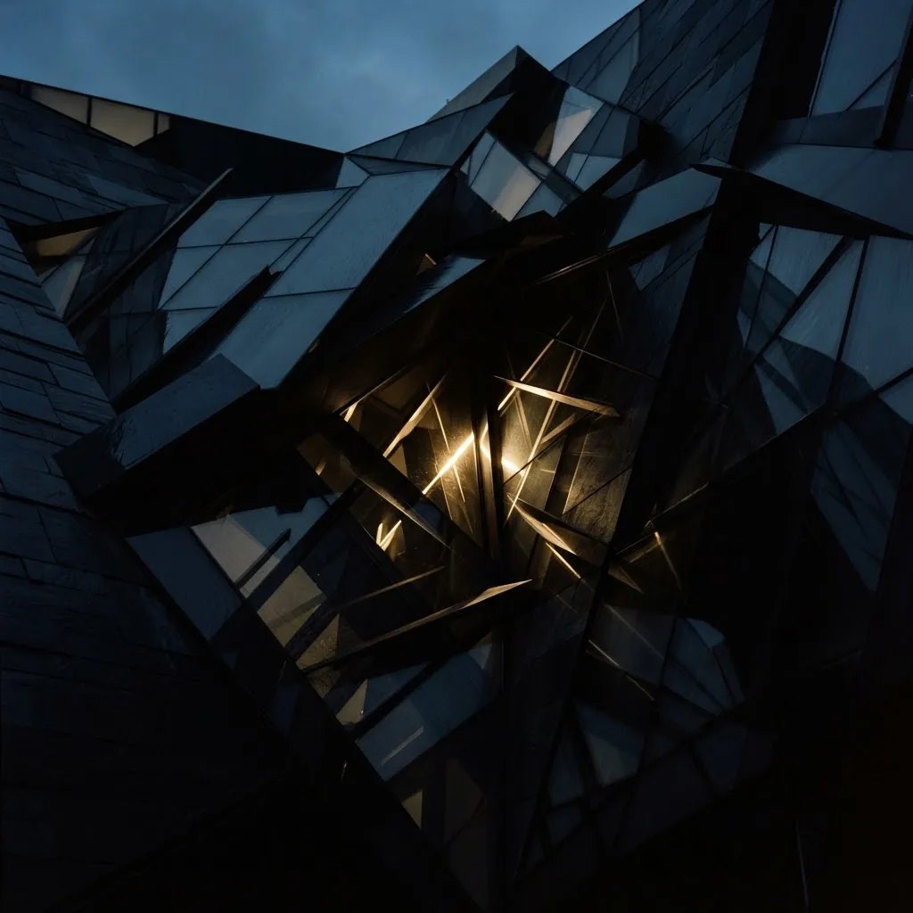 An abstract composition of dark glass and stone panes at blue hour with a single warm gold light refracting through