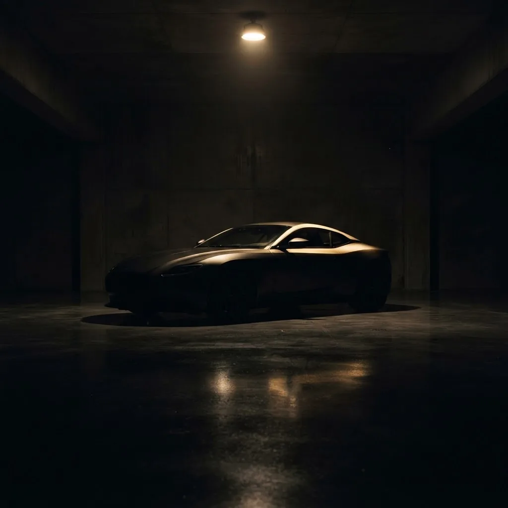 An unbranded luxury car under a single warm overhead light in a dark minimal concrete showroom, reflected on a polished floor