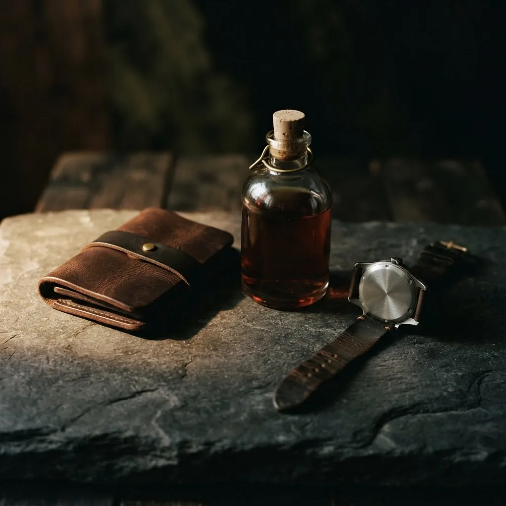 Unbranded premium leather and glass objects on dark stone, lit by a single warm directional light