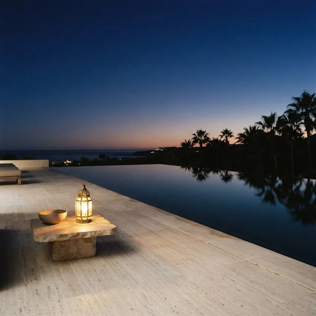 A resort terrace at dusk with a single lit lantern on a stone table and an empty infinity pool reflecting a darkening sky